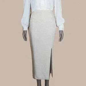 Vintage 80s Beige Linen High Waisted Long Midi Pencil Skirt Size 4 Work Office‎